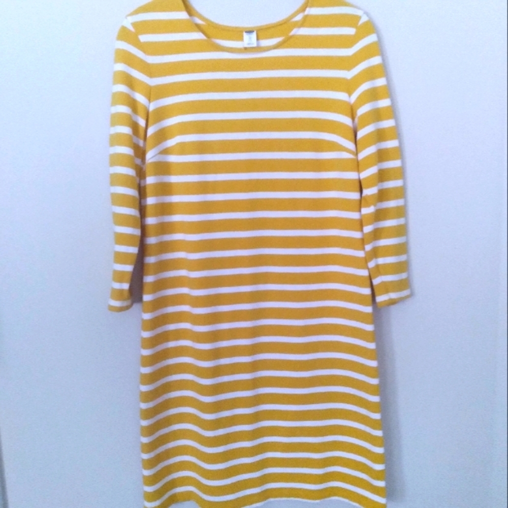 Old Navy Yellow & White Breton Striped Nautical‎ Cotton Sheath Dress 3/4 Sleeves